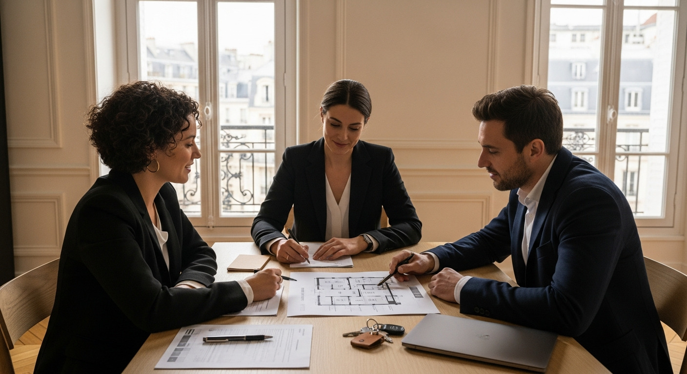 Chasseur immobilier en discussion avec des clients