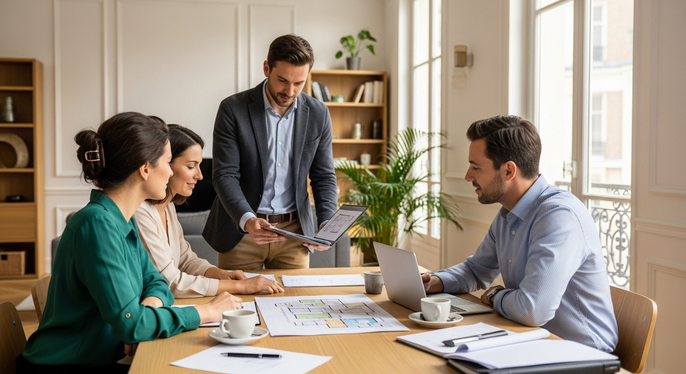 Chasseur immobilier présentant un dossier à des clients
