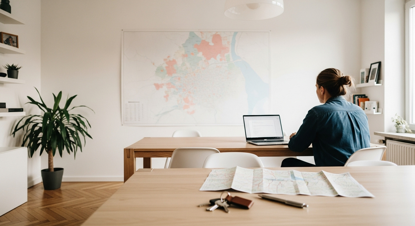 Personne réfléchissant à son projet immobilier devant une carte